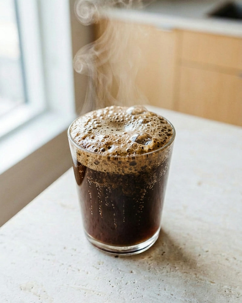 Fresh-roasted coffee blooming in a glass as carbon dioxide escapes
